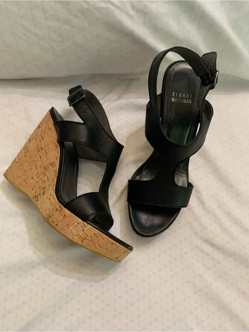Stuart Weitzman Black Leather Cutout Wedge Sandals - Picture 2 of 4